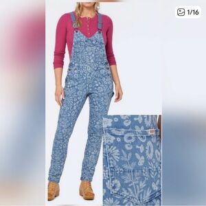 Duluth Trading Company Double Flex Denim Jean Floral Overalls Blue